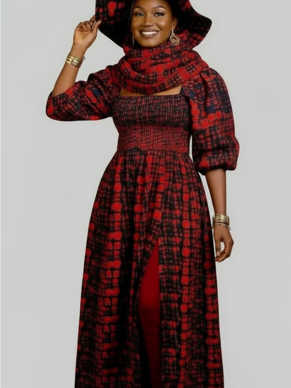 Maxi Slit Dress with Hat & Scarf Set SD01 Red